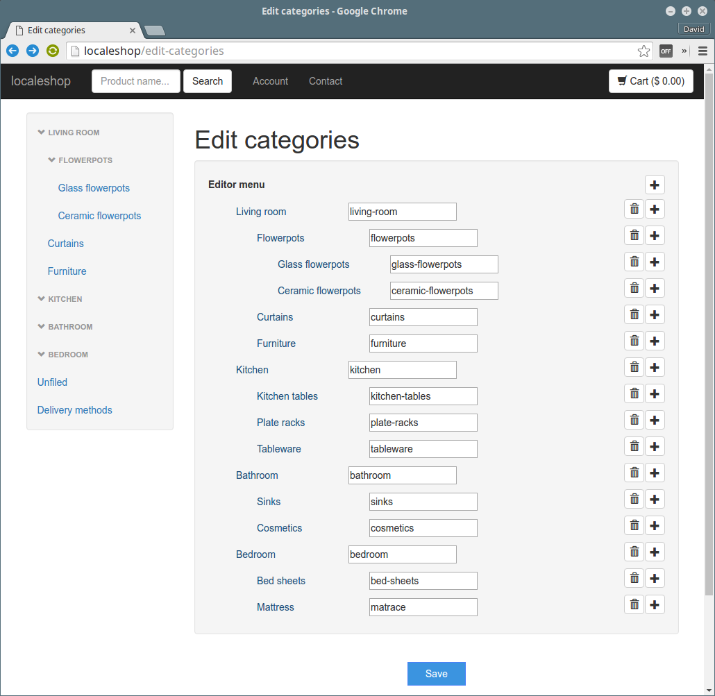 Product category editor in the PHP e-shop