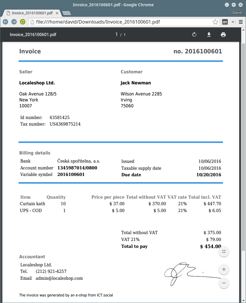 An invoice generated by the PHP e-shop