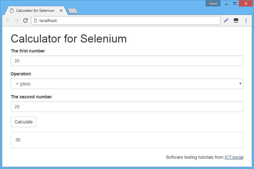 The calculator form for testing purposes in Selenium