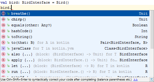 Methods of a bird stored in a variable of the BirdInterface interface - Object-Oriented Programming in Kotlin